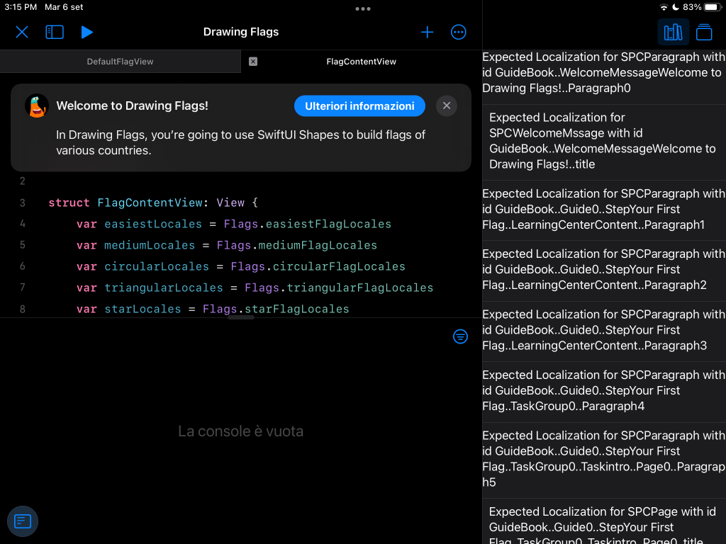 A screenshot of Drawing Flags in Swift Playgrounds with some errors in the walk-through pane.